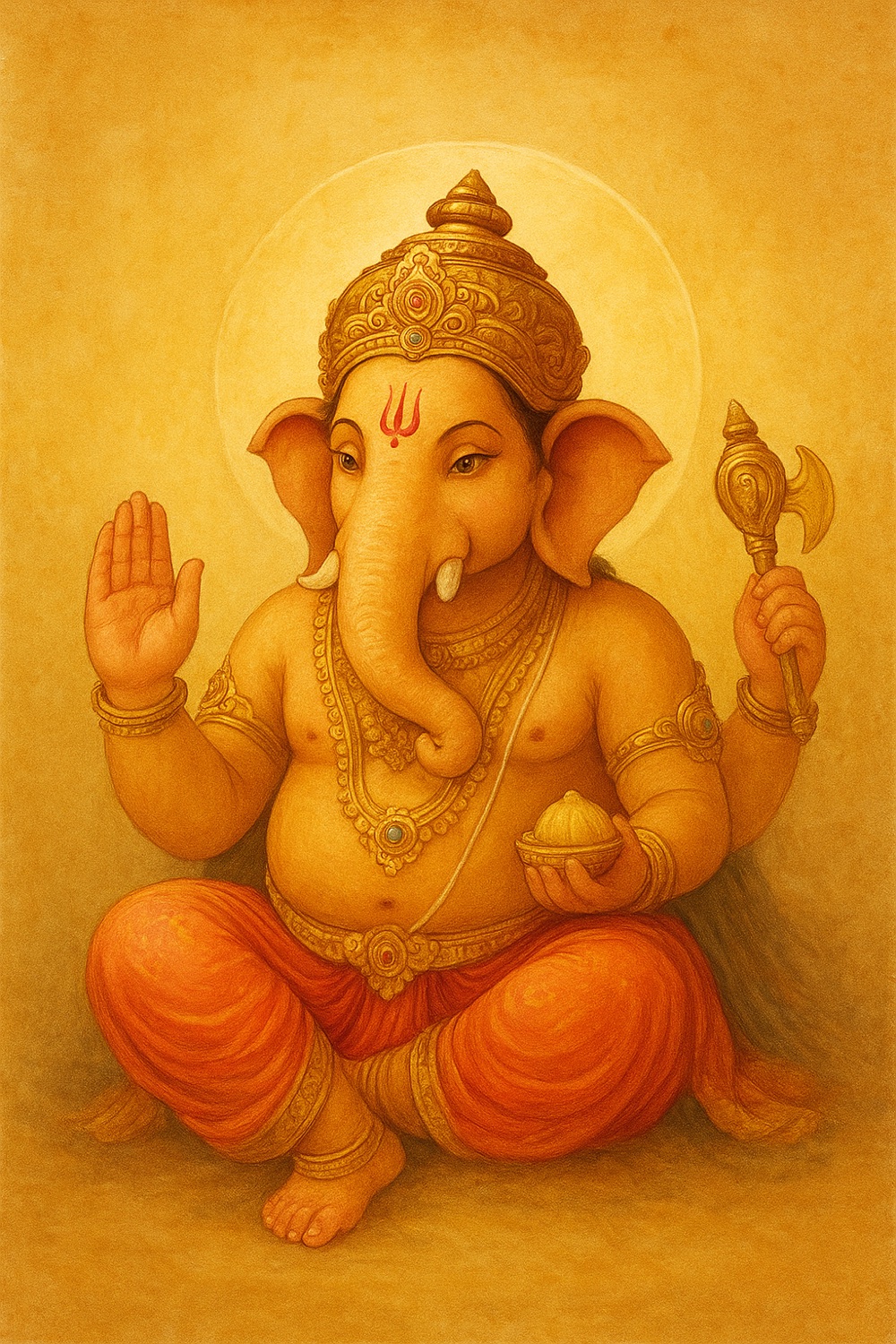 Darshan of The Divine Vigraha Of Lord Ganesha, seated in gold, the modak in hand